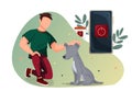 National Day of Unplugging. cartoon character is playing with a dog, the phone is turned off. Vector