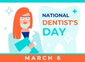 National Dentist`s Day vector illustration. Greeting web banner for social media, posters. A young woman, the dentist, glasses an