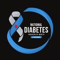 National diabetes awareness month - Text in Blue and gray ribbon awareness with red drop blood sign roll circle around on black