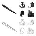 National Dirk Dagger, Thistle National Symbol, Sporran,glengarry.Scotland set collection icons in black,outline style