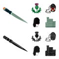 National Dirk Dagger, Thistle National Symbol, Sporran,glengarry.Scotland set collection icons in cartoon,black style