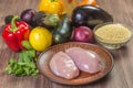 Ingredients dietary tabbouleh salad with roasted vegetables, chicken and couscous