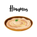 National dish of Jewish cuisine Hummus in ceramic bowl. Realistic vector illustration with hand lettering title