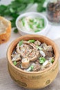 The national dish of nomadic peoples of Mongolia, Kalmykia, Tuva, Buryatia, Kazakhstan, Asia Europe East. Liver soup liver fat