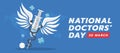 National doctors day - The syringe has wings and stethoscope rolling on dot world map texture blue background vector design