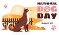 National Dog Day horizontal vector banner template with a cheerful dog sitting near a hedge