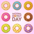 National Donut Day banner. 2 june. Stock vector illustion in flat cartoon style.