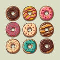 National donut day. Cartoon flat illustration. Many different donuts. AI generative