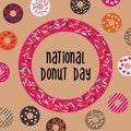 National Donut Day greeting card, poster, banner. USA american traditional holiday background with doughnut frame and