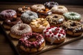 National donut day. Many different delicious donuts. AI generative