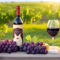 National drink wine day. 18 February. Grape wine in a bottle and glass full of alcohol drink. Red wine bottle with wine glass, red Royalty Free Stock Photo