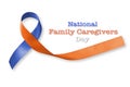 National family caregivers awareness in orange navy blue color fabric ribbon isolated on white background clipping path Royalty Free Stock Photo