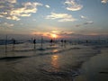 National fishing residents of Sri Lanka who sit on poles near the shore of the evening Indian ocean, looking at the waves, colored