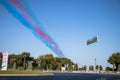 National flag of Azerbaijan. Performance of the Turkish aerobatic team at the air show. The Victory Theme. Baku -