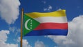 National flag of Comoros waving 3D Render with flagpole and blue sky, Union of the Comoros flag textile, Union des Royalty Free Stock Photo