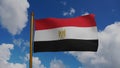 National flag of Egypt waving 3D Render with flagpole and blue sky, Arab Republic of Egypt flag textile, coat of arms Royalty Free Stock Photo
