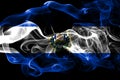 National flag of El Salvador made from colored smoke isolated on black background. Abstract silky wave background.