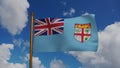 National flag of Fiji waving 3D Render with flagpole and blue sky, Republic of Fiji flag textile designed Tessa