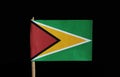 A national flag of Guyana on toothpick on black background. A green field with the black edged red isosceles triangle based on the