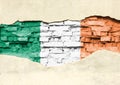 National flag of Ireland on a brick background. Brick wall with partially destroyed plaster, background or texture