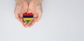 The national flag of Mauritius in the shape of a heart of arms in female hands. Royalty Free Stock Photo