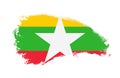 National flag of Myanmar painted with stroke brush on isolated white