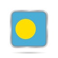 Flag of Palau. Shiny metallic gray square button.