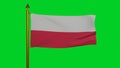 National flag of Poland waving 3D Render with flagpole on chroma key, flaga Polski or Flag of the Republic of Poland