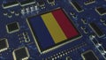 National flag of Romania on the operating chipset. Romanian information technology or hardware development related
