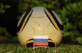 National flag of Russia. Proud national team who never give up. Russian flag is very simple. Flag on wooden stick with soccer ball