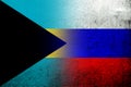 National flag of Russian Federation with The Commonwealth of The Bahamas national flag. Grunge background