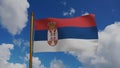 National flag of Serbia waving 3D Render with flagpole and blue sky, Republic of Serbia flag textile, Zastava Srbije or