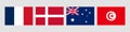 National flag set. France, Denmark, Australia, Tunisia