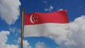 National flag of Singapore waving 3D Render with flagpole and blue sky, Republic of Singapore flag textile, coat of arms