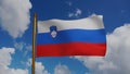 National flag of Slovenia waving 3D Render with flagpole and blue sky, Republic of Slovenia flag textile, slovene