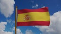 National flag of Spain waving 3D Render with flagpole and blue sky, Spain flag or Bandera de Espana. la Rojigualda in Royalty Free Stock Photo