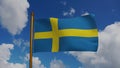 National flag of Sweden waving 3D Render with flagpole and blue sky, Sveriges flagga with yellow Nordic cross, Swedish Royalty Free Stock Photo