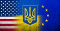 National flag of Ukraine with Coat of arms tryzub, United States of America USA national flag and Flag of the European Union. Royalty Free Stock Photo