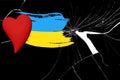 National flag of Ukraine, creative grunge brushstroke flag on glass with cracks background, mockup heart, concept of politics,