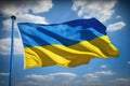 The national flag of Ukraine flutters in the wind, symbolizing the country\'s democracy and politics.