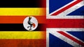 National flag of United Kingdom Great Britain Union Jack with The Republic of Uganda National flag. Grunge background