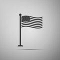 National flag of USA on flagpole icon isolated on grey background. American flag sign. Flat design. Vector Illustration. Royalty Free Stock Photo