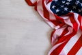 National flag of USA. Natural light. Selective focus. Close up on a gray background. Top view, flat lay. copy space. Royalty Free Stock Photo