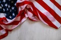 National flag of USA. Natural light. Selective focus. Close up on a gray background. Top view, flat lay. copy space. Royalty Free Stock Photo