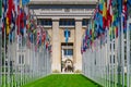 National flags at the entrance in UN office at Geneva, Switzerland