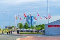 National flags on flagpole near Chizhovka arena during Ice Hockey 2014 World Championship IIHF Royalty Free Stock Photo