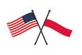 national flags of Poland and Usa crossed on the sticks