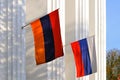 National flags of Russia and Armenia on the building