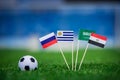 National Flags of Russia, Saudi Arabia, Egypt, Uruguay. Flags on green grass on football stadium