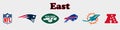 National Football League NFL, NFL 2022. Season 2021-2022. AFC East. New England Patriots, Buffalo Bills, Miami Dolphins, New York Royalty Free Stock Photo